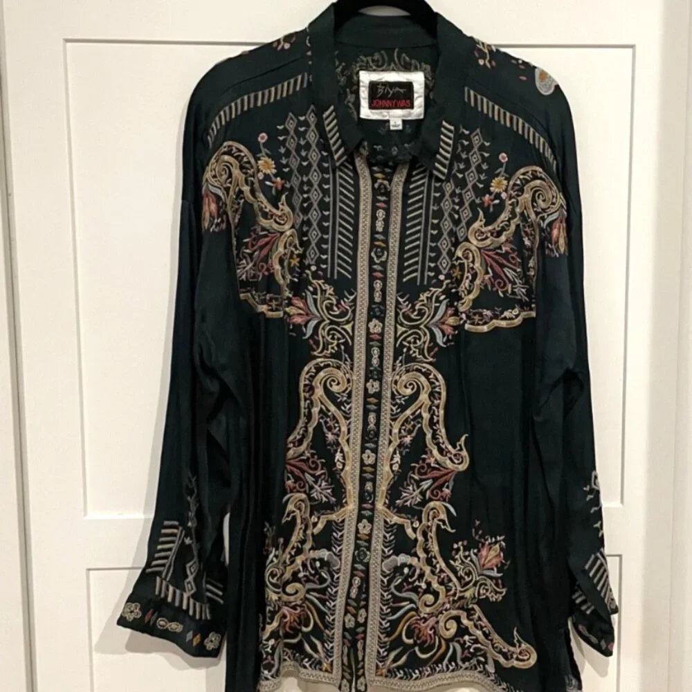 Johnny Was Biya Green Embroidered Button up Tunic Top - Picture 1 of 5